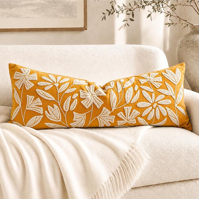 Long Lumbar Pillow Cover 14x36 for Bed, Mustard Floral Tufted Velvet Accent Oversize Throw Pillowcase for Bedroom, Cover Only