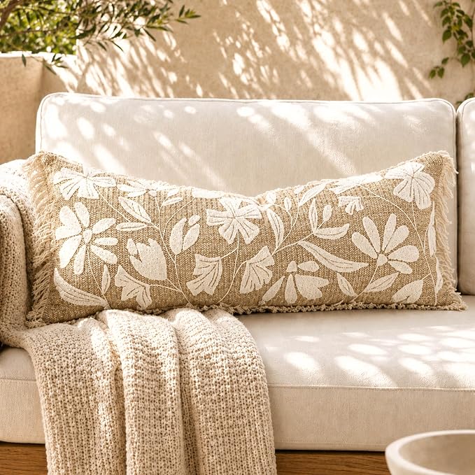 Long Lumbar Pillow Cover 14x36 Indoor Outdoor, Jute Inspired Floral Tufted Accent Oversize Throw Pillowcase for Patio Bed Bedroom, Cover Only