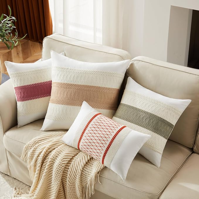 2pk Boho Pillow Covers 16x16, Natural White/Contrast/Dark Sage | 100% Organic Cotton Body, Stripe Embroidery, Farmhouse Decorative Cushion Covers for Sofa Bed Living Room Home Decor