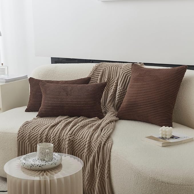 Home Brilliant Corduroy Pillow Covers Solid Plush Throw Pillow Cover Decorative Striped Throw Pillow Case 20x20 for Patio Porch Chair Furniture, 20 x 20 inch (50cm), Brown
