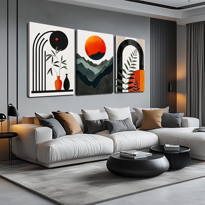 DNIEOTU Boho Canvas Wall Art for Living Room, Bohemian Wall-Decor for Bedroom, Minimalist Geometric Shapes Picture Prints, Size 24 x 36 Inches 3-Pieces