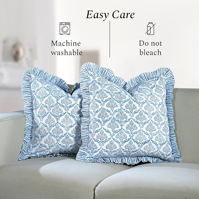 CPC Indigo Regal Hand Block Print 100% Cotton Ruffle Throw Pillow Cover 24x24 inch with Hidden Zipper Decorative for Couch, Bed, Sofa, Farmhouse, Cottagecore Decor Gift Christmas Fall Thanksgiving