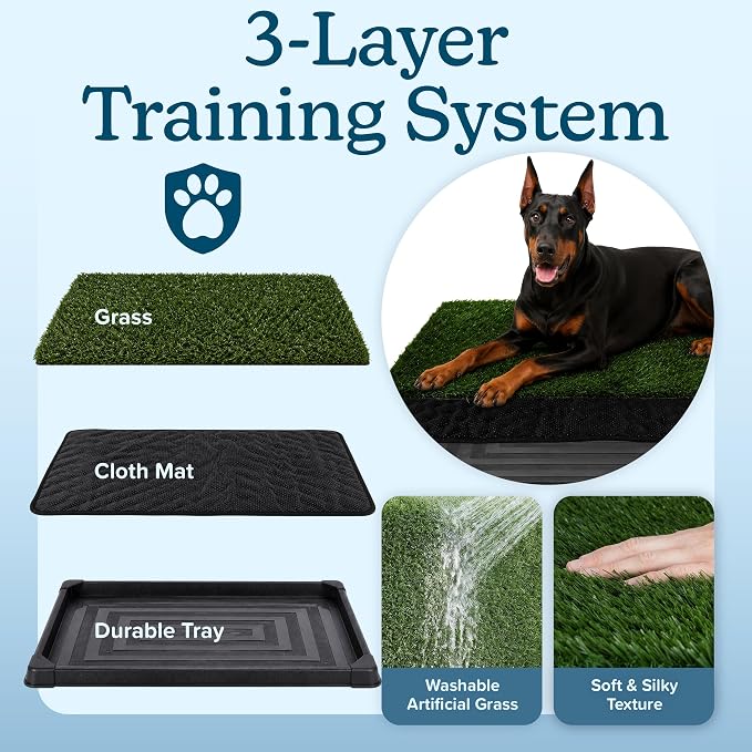 PETMAKER Reusable 3-Layer Large Dog Grass Pad with Tray, 46.75” x 28.25” | Dog Litter Box for Indoor and Outdoor Use, Easy to Clean Washable Pet Turf Artificial Grass Pad for Puppy Potty Training