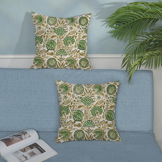 Block Print Pillow Covers 18x18 Inch Pack of 2 Boho Sage Green Yellow Floral Decor Throw Pillow Covers Spring Summer Flower Pillowcase Outdoor Farmhouse Decorative Cushion Cover for Home Sofa