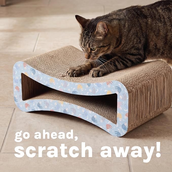 Kitty City Corrugate Cat Scratcher Lounger - Cardboard Cat Scratcher Bed, Horizontal Kitty Couch Scratch Pad, Durable Play for Indoor Cats & Kittens - Cats in Pajamas Print, 21" x 12"