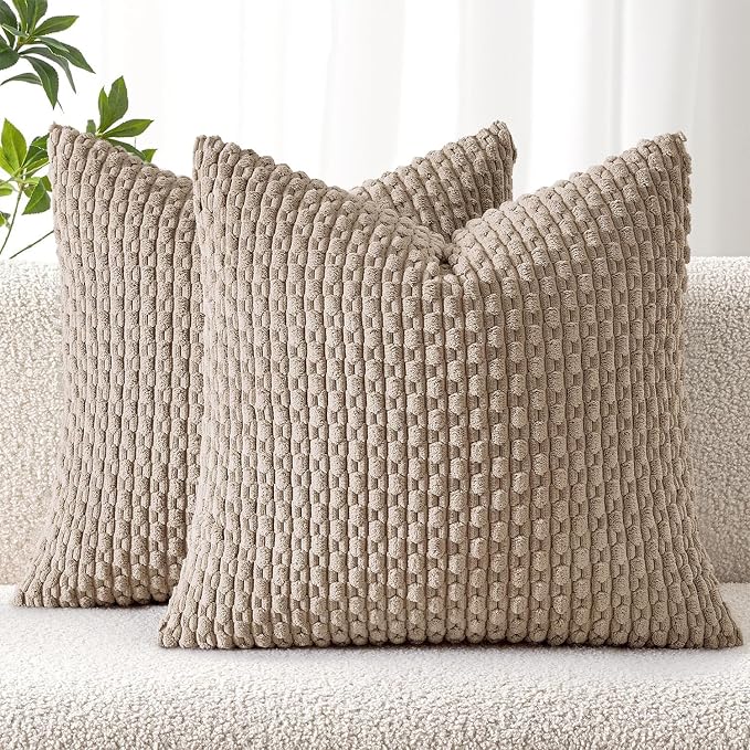 MIULEE Decorative Throw Pillow Covers 18x18 Light Brown Textured Corduroy | Pack of 2 Striped Pillow Covers Modern Farmhouse Fall Home Decor for Couch Bed Sofa Living Room