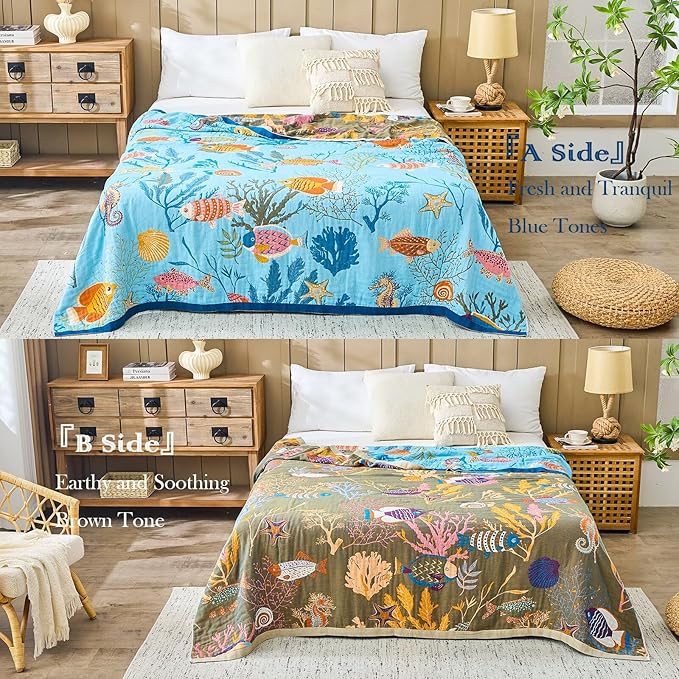 XIBLC Boho Throw Blanket 100% Cotton Vintage Blanket Muslin Woven Flower Decorative Throw Blankets All Season Bohemian Rustic Farmhouse Decor Quilt for Bed (Blue 60"x80")