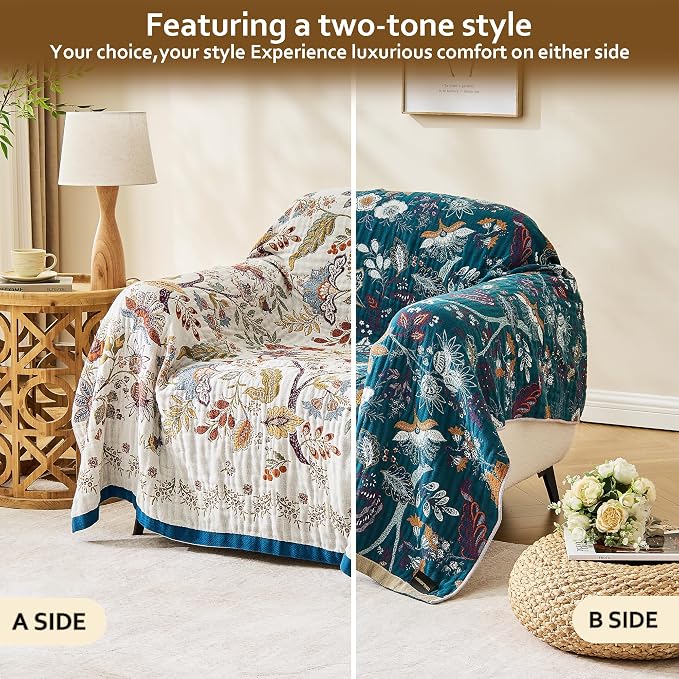 VANJOROY Boho Throw Blanket, 100% Organic Cotton Breathable Skin-Friendly Ultra Soft Bed Quilt Throw - All Season Floral Farmhouse Décor Luxury Blanket for Sofa Couch Chair and Gift. 60" x 80"