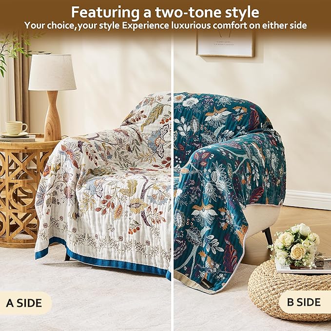 VANJOROY Boho Throw Blanket, 100% Organic Cotton Breathable Skin-Friendly Ultra Soft Bed Quilt Throw - All Season Floral Farmhouse Décor Luxury Blanket for Sofa Couch Chair and Gift. 50" x 60"