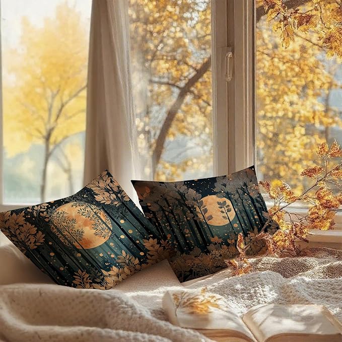 Rustic William Morris Inspired Gold Forest Moon Pillow Covers 18x18 Set of 2,Vintage Black and Gold Moon Nature Landscape Botanical Decorative Throw Pillow Covers for Home Bedroom Living Room