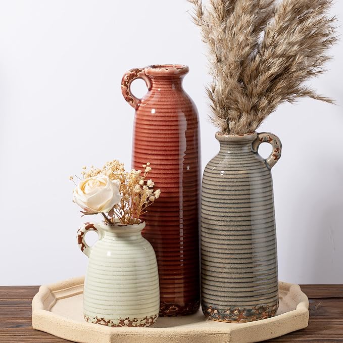 Ceramic Vase Set of 3 with Handles, Brown Neutral Rustic Modern Farmhouse Boho Decor, Versatile as Table Centerpiece or Mantel & Shelf Accent - Unique Home Gift Idea