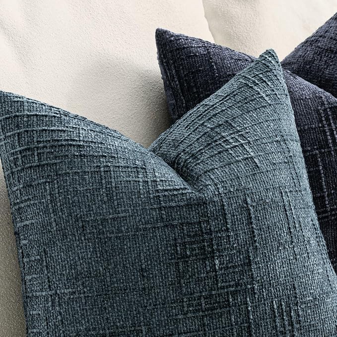 MIULEE Chenille Textured Throw Pillow Covers Blue 18x18 Set of 2 | Slubby Decorative Pillows, Boho Farmhouse Coastal Decor, Modern Neutral Cushion Covers for Couch Sofa Bed Living Room
