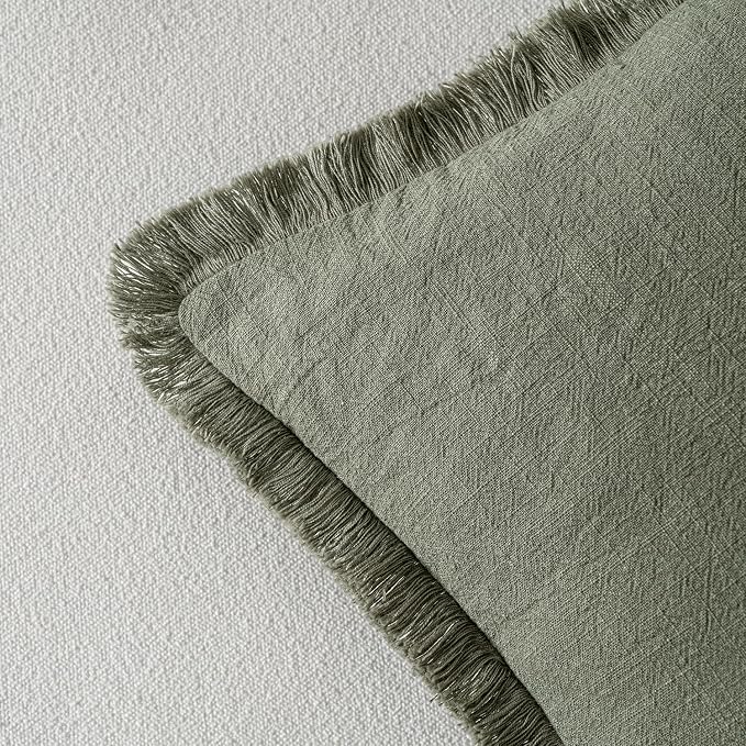 MIULEE Linen Decorative Euro Throw Pillow Covers Light Olive Green 28x28 | Set of 2, Cottagecore Decor, Boho Farmhouse Neutral Pillow Covers, Rustic Fringe Couch Cushions for Sofa Bed Living Room