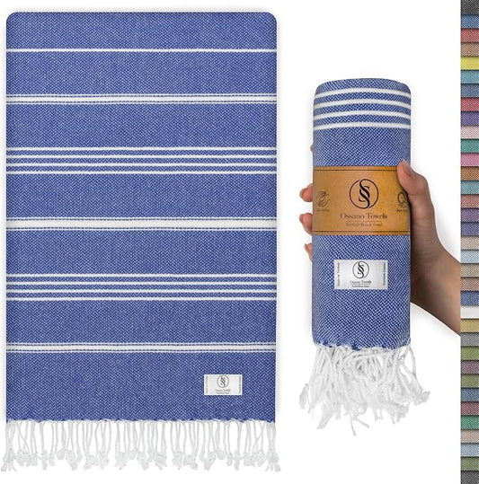Ossano Turkish Beach Towel Compact & Luxury Extra Large (39" x 71") - Quick Dry, Versatile and Functional as Yoga Mat, Airplane and Travel Blanket, Bath and Body Towels - Sax Blue