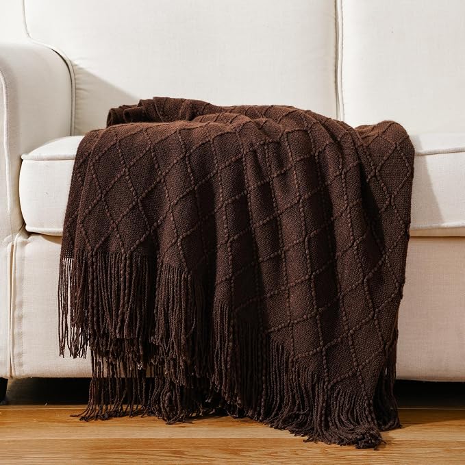 BATTILO HOME Dark Brown Throw Blanket for Couch, Chocolate Knit Throw Blankets for Home Decor, Decorative Brown Blanket for Foot of Bed, 50"x60"