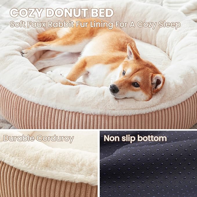 33 inches Calming Donut Dog Bed for Medium Plus Dogs,Brown | Round Pet Bed with Removable&Washable Cover,Plush Faux Fur & Corduroy, Fits Pets up to 50 lbs