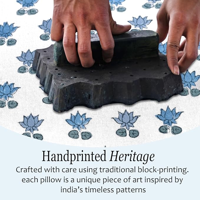 CPC Arctic Blue Hand Block Print 100% Cotton Ruffle Throw Pillow Cover 20x20 inch with Hidden Zipper Decorative for Couch, Bed, Sofa, Farmhouse, Cottagecore Decor Gift Christmas Fall Thanksgiving