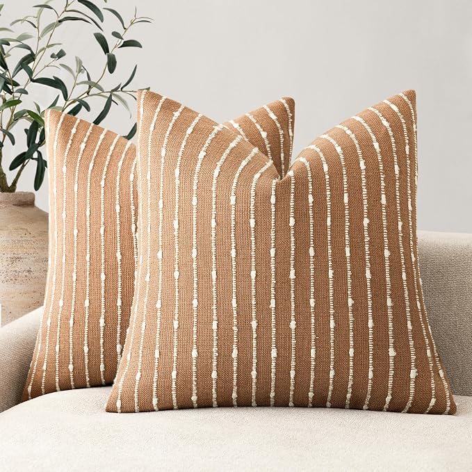 Foindtower Pack of 2 Decorative Jacquard Boucle Throw Pillow Covers Accent Textured Striped Pillowcases Soft Boho Modern Cushion for Couch Sofa Bedroom Living Room Home Decor 22x22 Inch Rust Tobacco