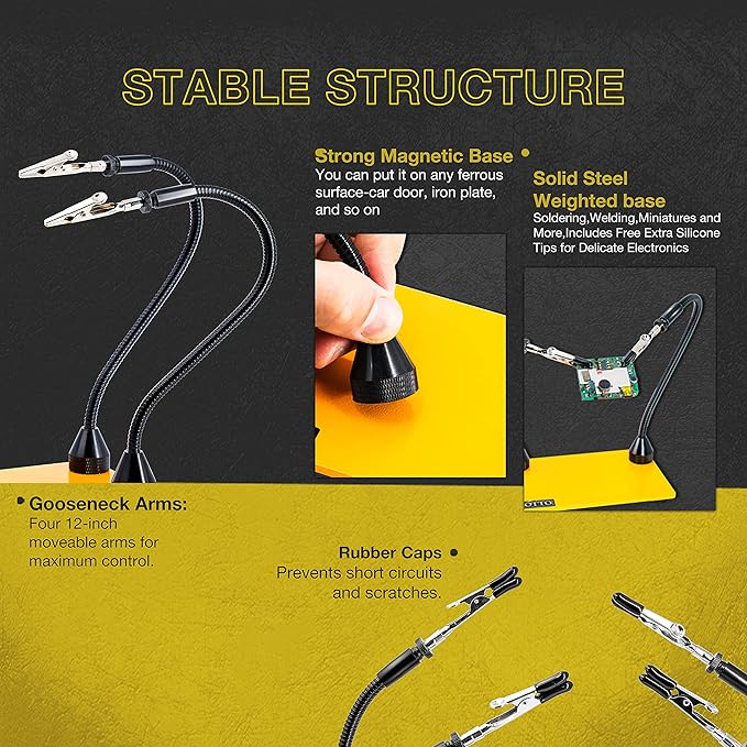 KOTTO Third Hand Soldering Tool PCB Holder Two Magnetic Based Flexible Metal Arms Helping Hands Crafts Jewelry Hobby Workshop Helping Station Non-Slip Steel Weighted Base