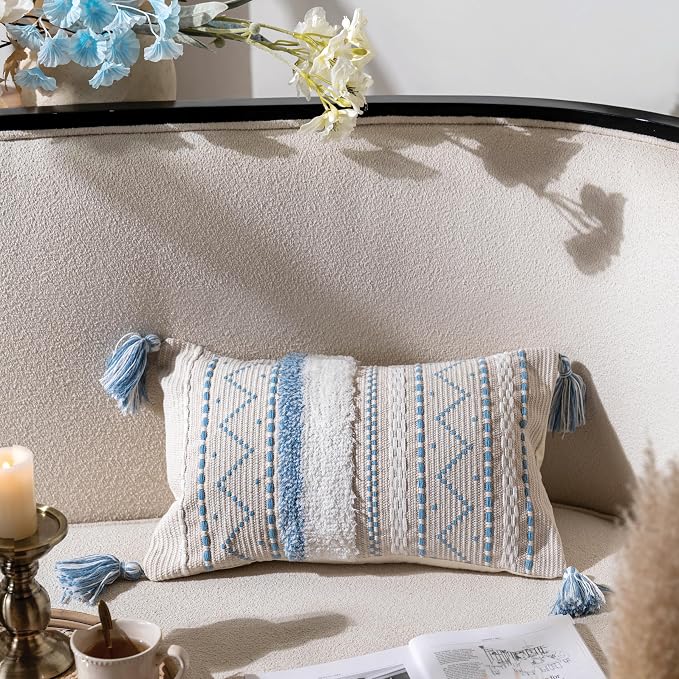 Decorative Lumbar Throw Pillow Covers 12x20 Combo Set of 2 Rectangular Coastal Blue Boho Accent Pillowcase Neutral Farmhouse Cushion for Couch Sofa Bedroom Living Home Décor Cover ONLY