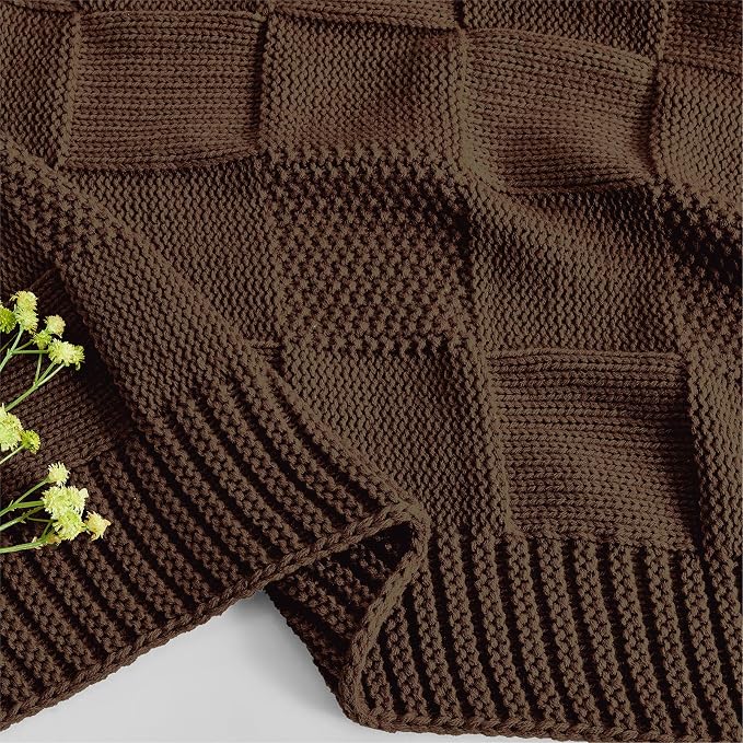 CozeCube Dark Brown Knitted Checkered Throw Blanket 60"X80" | Check Knit Throw for Couch, Decorative Christmas Soft Cozy Warm Blanket for Bed Sofa Living Room