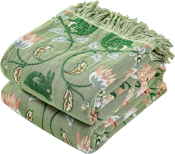 VANJOROY Boho Throw Blanket, 100% Organic Cotton Breathable Ultra Soft 91" x 108" King Bed Quilt Throw - All Season Floral Rustic Farmhouse Decor Luxury Blanket for Sofa Couch Chair and Gift