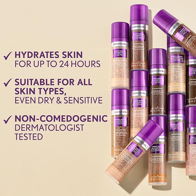 Covergirl Simply Ageless Skin Perfector Essence Foundation, 60 Tan, Tinted Skin Perfector, Skincare Makeup Hybrid, Sheer Tint, Radiant Finish, Skin-Like Finish, Vegan Formula, 1.0oz
