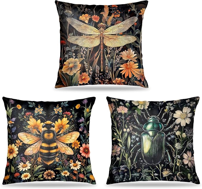 William Morris Inspired Vintage Dark Dragonfly Bee Beetle Pillow Covers 18x18 Set of 3,Insect Gifts for Women,Vintage Cottagecore Floral Botanical Insects Decorative Throw Pillow Covers for Home
