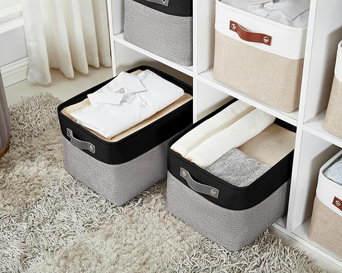 DECOMOMO Storage Bins, Large Fabric Storage Baskets for Shelves 3 Pack | 15 x 11 x 9.5 inches Decorative Linen Closet Organizers (Grey & Black)