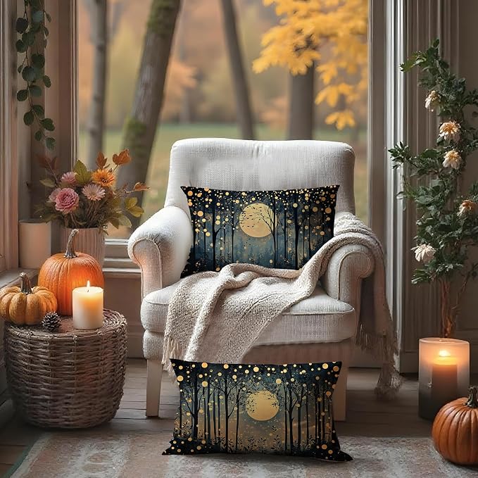 Vintage William Morris Inspired Gold Moon Pillow Covers 20x12 Set of 2,Rustic Black and Gold Forest Moon Botanical Nature Landscape Decorative Throw Pillow Covers for Home Bedroom Living Room