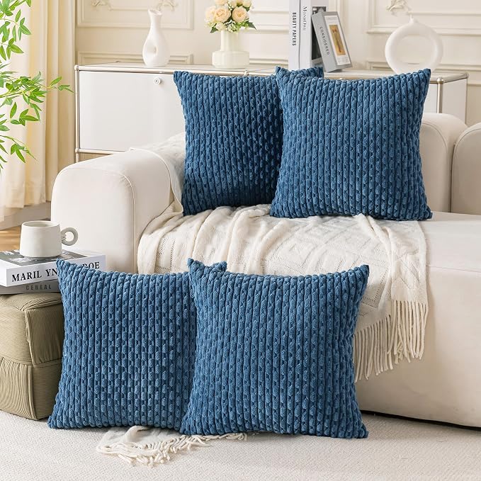 Set of 4 Blue Decorative Throw Pillow Covers 26x26 Inch Corduroy Pillow Covers for Bed Couch Sofa Living Room Soft Square Cushion Cases