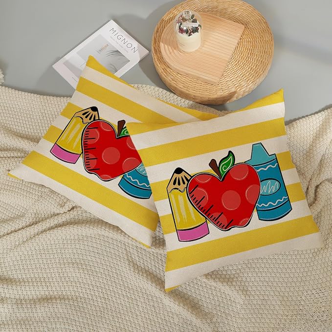 Classroom Pillow Covers 16x16 Inch Set of 2 Yellow Stripes Preppy Throw Pillows Kids Students Back to School Decor Pillowcase Linen Outdoor Decorations Farmhouse Cushion Case for Sofa Home
