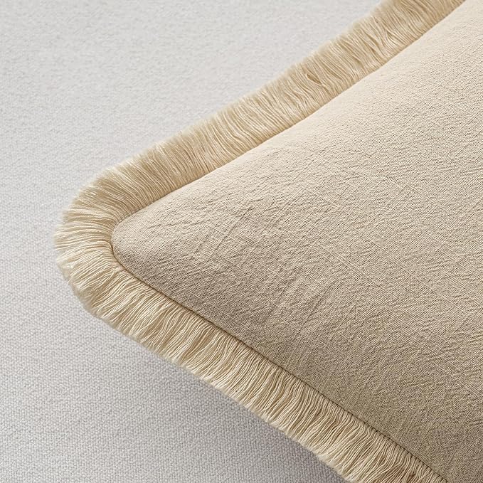 MIULEE Boho Linen Fringe Decorative Euro Throw Pillow Covers Beige 22x22 | Set of 2, Cottagecore Decor, Boho Farmhouse Neutral Pillow Covers, Rustic Couch Cushion Cases for Sofa Bed Living Room