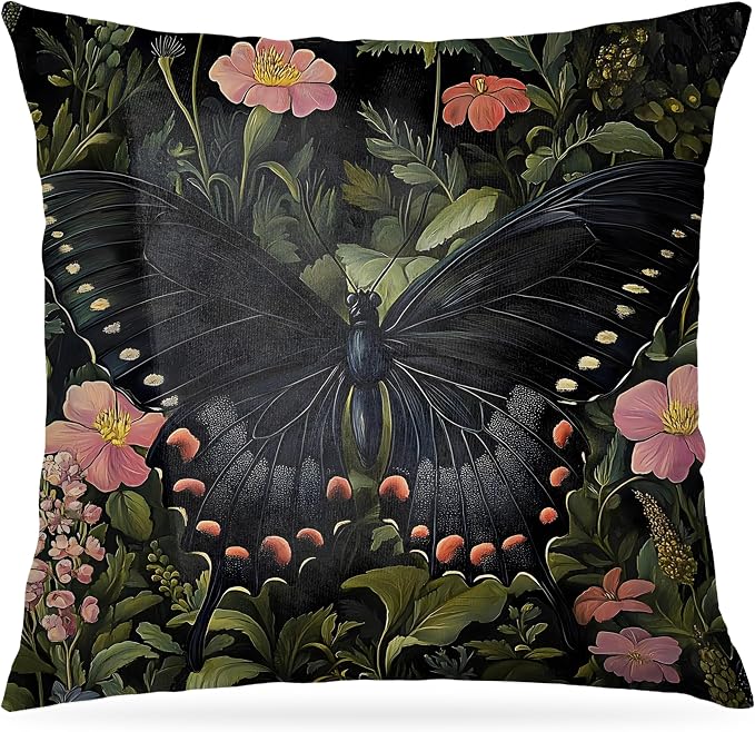 Floral Black Butterfly Pillow Covers 18x18, Dark Cottagecore Wildflower Botanical Moth Decorative Throw Pillow Covers for Bedroom Living Room Home, Butterfly Room Decor