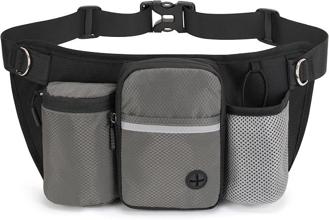 Dog Treat Pouch for Training – Hands-Free Waist Belt with Built-in Poop Bag Dispenser, Water Bottle Holder & Phone Pocket, Includes Reflective Bungee Leash (Gray)