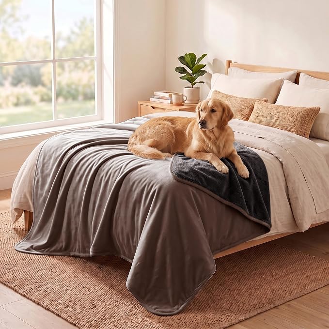 Waterproof Blanket - Reversible Dog Throw as Furniture Protector | Soft Velvet & Flannel, TPU Leak-Proof Liner, Machine Washable, Fits Couch and Bed, 82" x 108", Lightbrown/Darkbrown