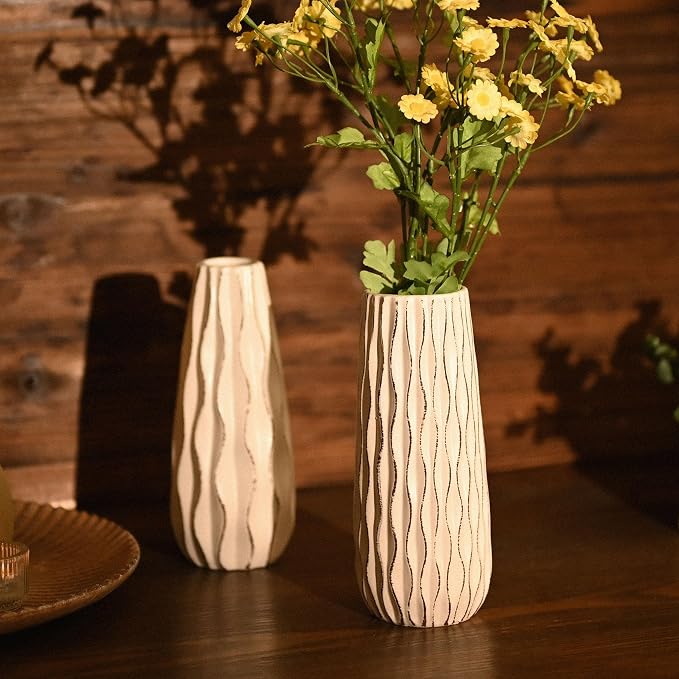 VICTOR & TERESA Ceramic Vase for Flowers, 8'' Set of 2 Decorative White Vases for Home Decor, Farmhouse Vases for Pampas Grass, Table, Mantel, Living Room, Shelf, Centerpieces, Gifts for Mom
