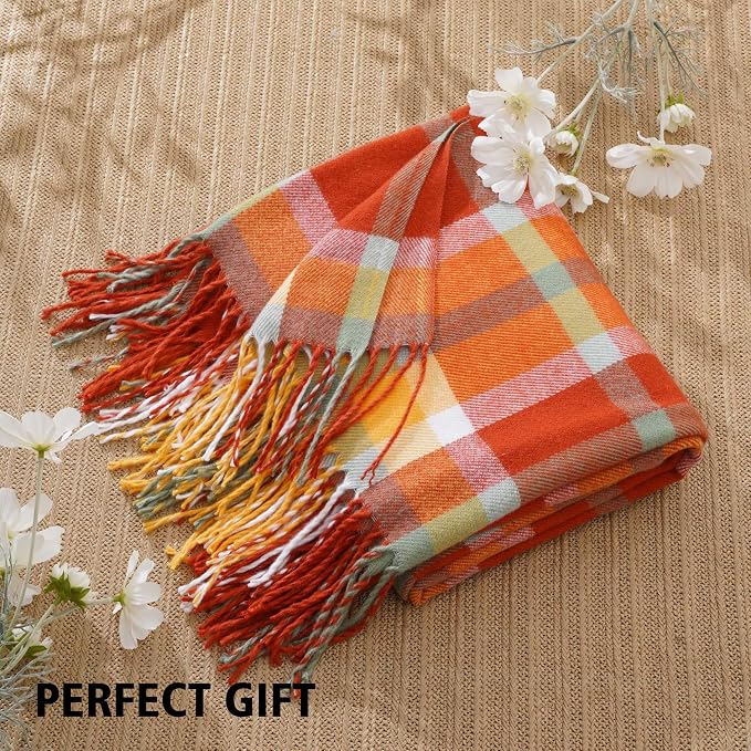 Fall Plaid Throw Blanket for Couch, Orange Plaid Blankt 50"x60", Fall Decor | Burnt Orange Throw Blanket, Soft Decorative Woven Blanket with Tassels, Rustic Farmhouse Style Blanket Throw for Bed Sofa
