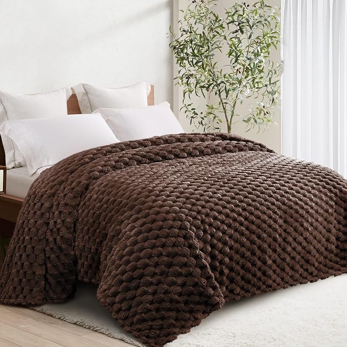 Whale Flotilla Soft Fleece Queen Size Bed Blanket Luxe 3D Jacquard, Coffee | Lightweight Breathable Coverlet Bedspread for All Seasons, Super Cozy Plush Fluffy Fuzzy Decorative Blanket for Bed, 90"x90"