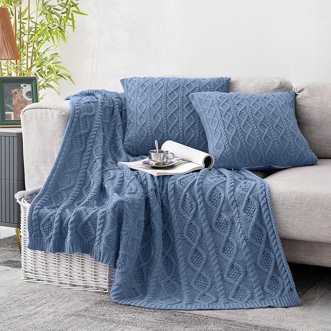 Homiest Dusty Blue Cable Knit Throw Blanket 60x80 Inch, Diamond Texture | Pure Acrylic, Lightweight & Breathable, All-Season Use, Machine Washable, Wrinkle & Fade Resistant, for Couch Bed And Sofa
