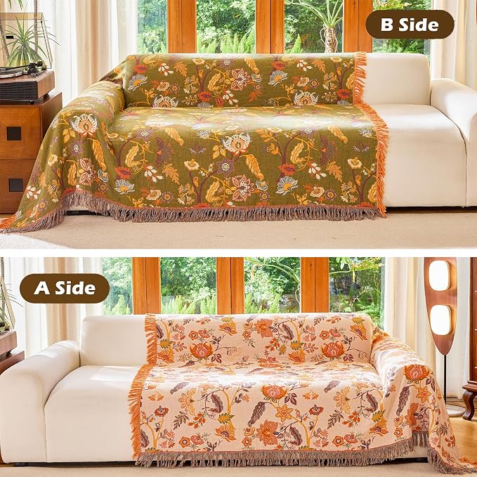 VANJOROY Boho Throw Blanket 80" x 90", 100% Organic Cotton Breathable Skin-Friendly Ultra Soft Bed Quilt Throw - Floral Rustic Decor Luxury Reversible Blanket for Sofa Couch Chair and Gift,