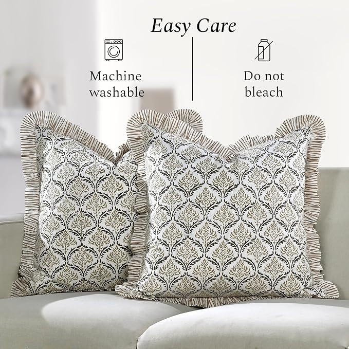 CPC Sandstone Regal Hand Block Print 100% Cotton Ruffle Throw Pillow Cover 20x20 inch with Hidden Zipper Decorative for Couch, Bed, Sofa, Farmhouse, Cottagecore Decor Gift Christmas Fall Thanksgiving