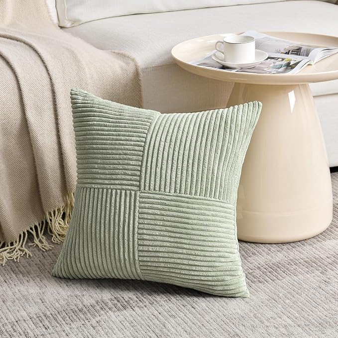 Fancy Homi Sage Green Decorative Throw Pillow Covers 22x22 Inch for Living Room Couch Bed Sofa, Farmhouse Boho Home Decor, Soft Corss Corduroy Patchwork Accent Square Cushion Case 55x55 cm