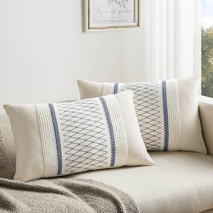2 Pack Boho Lumbar Pillow Covers, Grid Blue 12x20in | Soft Breathable Cotton, Farmhouse Decorative Couch Pillow Cases, Cushion Covers for Sofa Bed Living Room Home Decor