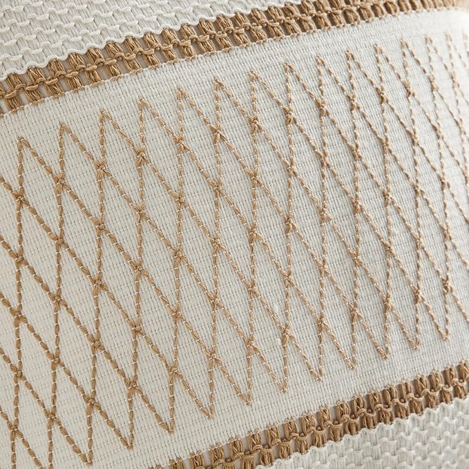 2pk Boho Pillow Covers 18x18, Natural White/Grid/Brown | 100% Organic Cotton Body, Stripe Embroidery, Farmhouse Decorative Cushion Covers for Sofa Bed Living Room Home Decor