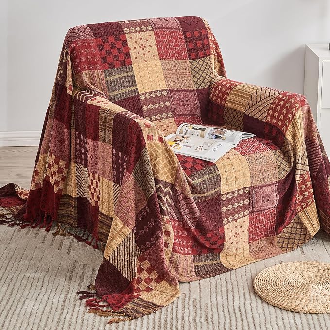 Boho Throw Blanket,Patchwork Large Blankets for Sofa Double Bed Armchair Couch,Weighted Soft Furniture Throws,Tassels Chenille Throws and Blankets for Bohemian Decor (60"*75")…