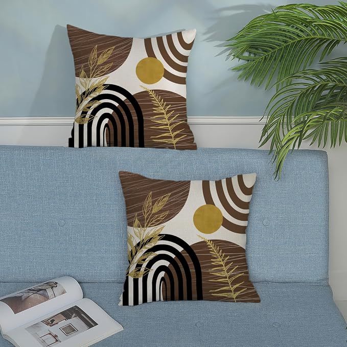 Boho Brown Pillow Covers 18x18 Set of 2 Brown Gold Leaf Tropical Decor Mid Century Throw Pillows Outdoor Bohemian Decorative Pillowcase Farmhouse Abstract Modern Cushion Case for Couch Sofa