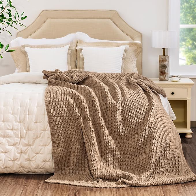 Waffle Knit Throw Blanket for Couch, Soft Cozy Chunky Knit Thick Knitted Blanket for Sofa, Bed, Gift for Women Girls Home Decor (Beige, Throw 50"x60")