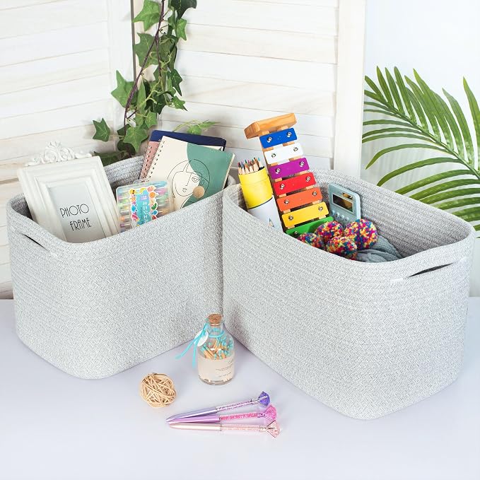 3-Pack Decorative Woven Storage Baskets for Shelves, Cube Bin Box for Organizing Books, Shoes, Dog Toys, Pantry Closet and Living Room Organizer, Light Gray Mix