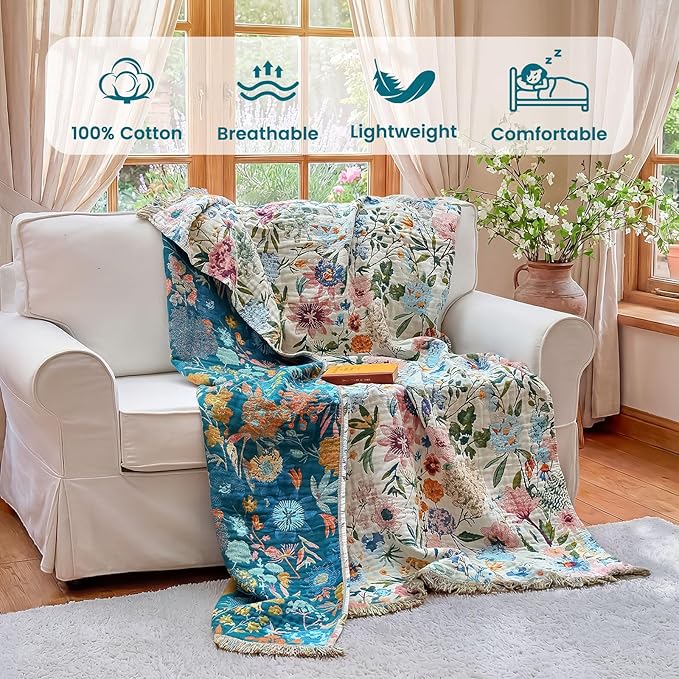 MSGKV Boho Throw Blanket 60"x80" Summer Cotton Orchid Blanket for Couch | Muslin Throw, Orchid Floral Pattern, Reversible Woven, Lightweight Comfort, Farmhouse Decor, All Seasons, Machine Washable